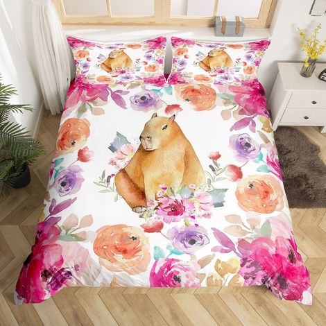 Parure de lit mignonne pour fille et femme avec housse de couette 135 x 200 cm, motif floral, motif animal, plantes botaniques et aquarelle (1/5)