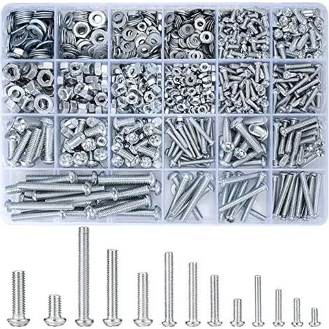 Jeu de 1080 vis M3, M4, M5 et M6 avec écrous hexagonaux et rondelles, vis à tête bombée, jeu de vis filetées, vis à tête Phillips, kit d'assortiment de vis à métaux (Argent 1080)