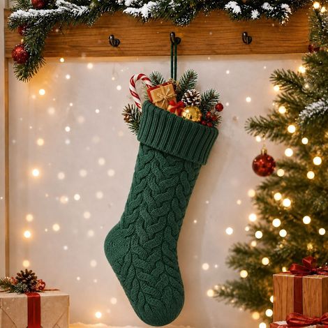 Chaussette de Noël verte en tricot avec motif arête de poisson, grand sac cadeau et bonbons, décoration suspendue pour fêtes de fin d'année