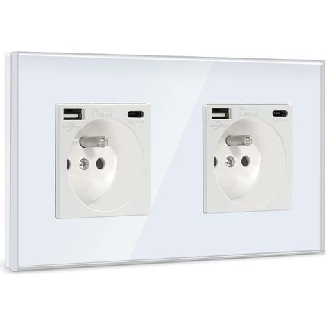 Double Prise Murale avec USB et 1 Type C,16A Prise de Courant Alternatif avec Panneau en Verre,Multiprise Murale Max 2.1A,Convient au Smartphone, à la Tablette (2 Prise avec USB et Type C,Blanc) (1/5)