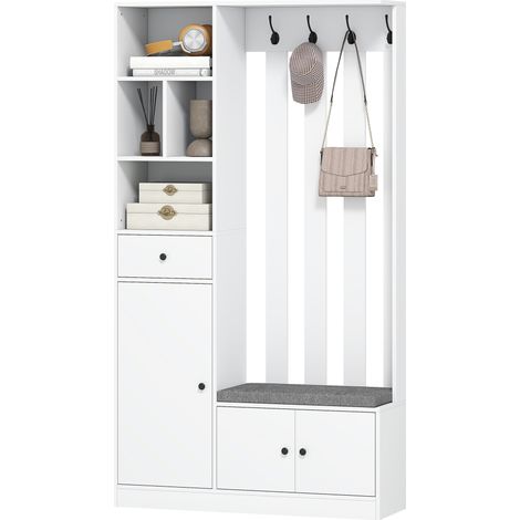 Armoire de avec penderie pliable blanc pour salon penderie, banc chaussures, crochets, étagères ouvertes, MDF, (1/5)