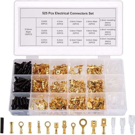 525 Pieces 2.8 mm 4.8 mm 6.3 mm Flat Plug Cable Lug Kit, Flat Lug Set, Cable Connector Terminal Lugs with Insulating Sleeve (1/4)