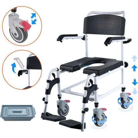 VEVOR Fauteuil Roulant de Toilette avec 4 Roues Verrouillables, Repose-pieds, Bras Rabattables, Hauteur Reglable sur 3 Niveaux, Seau Amovible 5 L, Charge 158,8 kg, Chaise Percee pour Personnes Âgees