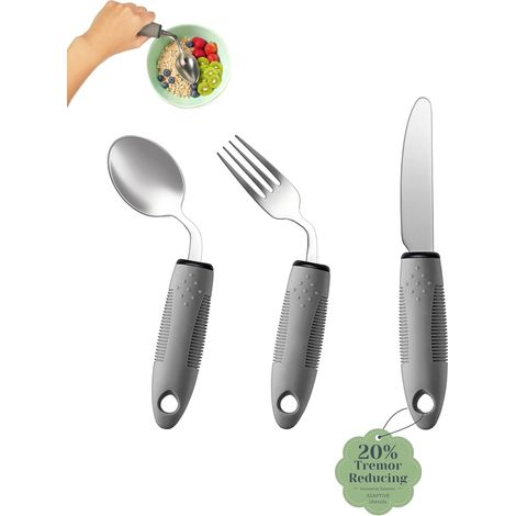 Ensemble de Couverts Adaptés (3 Pièces) - Angle de 42°, Couverts Lestés 85g pour Parkinson, Tremblements et Arthrite - Aide à l'Alimentation Ergonomique Facile à Saisir (Droitier) (1/5)