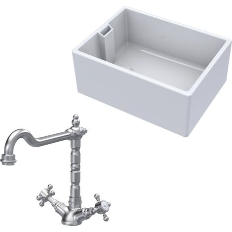 Fireclay Kitchen Bundle - 1 Bowl Belfast Sink & French Classic Mono Tap, 615mm - Brushed Nickel