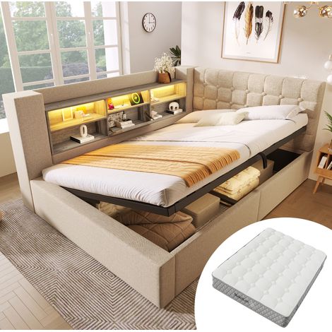 Cama con canapé abatible 140x200 cm con LED, cabecero en L y almacenamiento, beige HAVRYA (1/5)