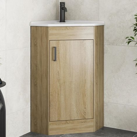 Bathroom Single Door Corner Vanity Unit Basin 1 Tap Hole Freestanding 585mm Oak (1/5)