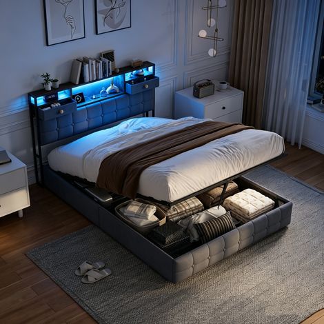 Lit coffre 140x190,lit 140x190 avec sommier à lattes,tête de lit de rangement,LED,USB,lit double capitonné,lit adulte,lit 2 personnes,tissu en velours,Gris (1/5)
