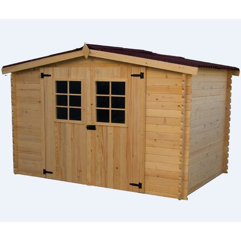 Habrita – Abri de jardin bois 7,86 m² – Madriers massifs – 2 portes avec lucarne – Toit en plaques ondulées – Fabriqué en Europe (1/6)