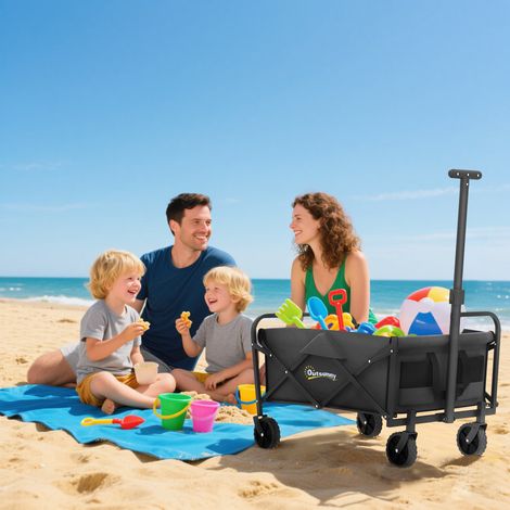 Faltbarer Gartenwagen mit Rädern, verstellbarem Teleskopgriff, 120 kg Tragkraft, für Camping und Einkaufen, 64 x 42 x 27 cm, Schwarz