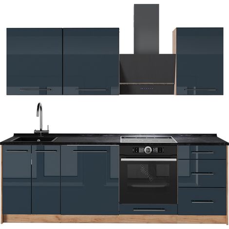 Cucina componibile Fame-Line, Blu scuro lucido/Rovere dorato, 230 cm senza piano di lavoro, Vicco (1/5)