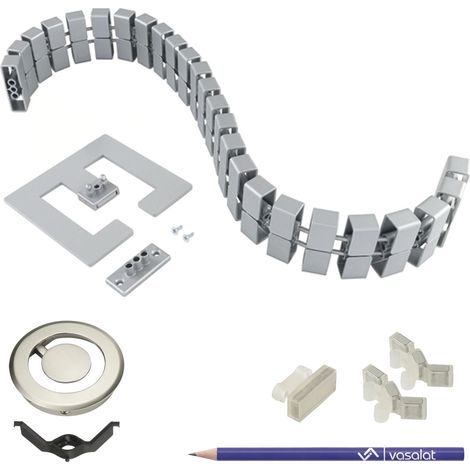 vasalat Kabelführung Schreibtisch Kabelmanagement Komplettset Cube mit Kabeldurchlass Durchmesser 90mm + magnetischer Kabelkanal + Befestigungsclips + Magnete alufarbig Länge 580-750mm (1/5)