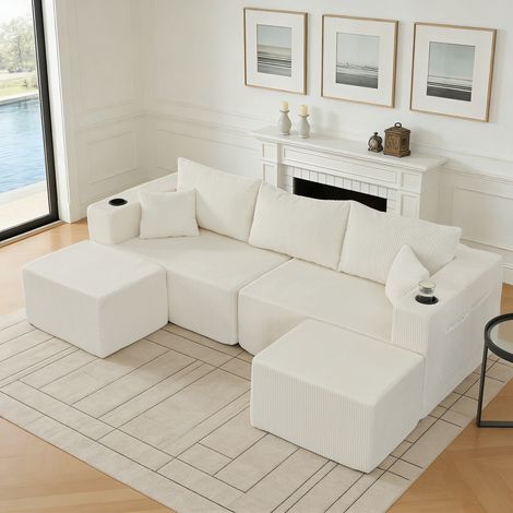 Canapé modulaire 4 places,canapé en L avec porte-gobelet et poufs mobiles,canapés de compression avec coussins,velours côtelé,230x138x75cm(beige) (1/5)