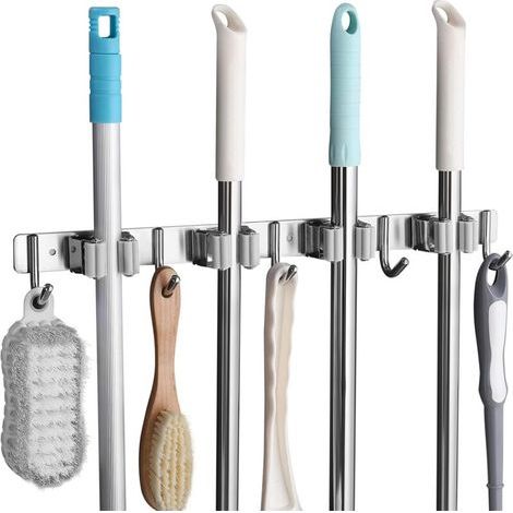 Stainless steel wall-mounted broom holder – 4 broom slots and 5 hooks – Screw or adhesive mounting – For kitchen, bathroom, garage (1/5)
