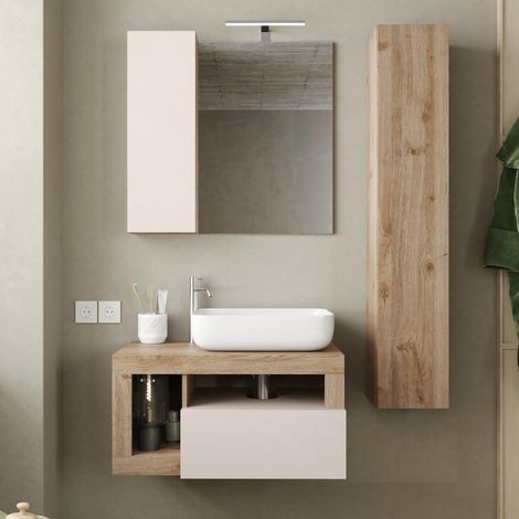 Ensemble meuble vasque 78 cm et colonne suspendus beige et aspect bois Cadiz - ARTURO