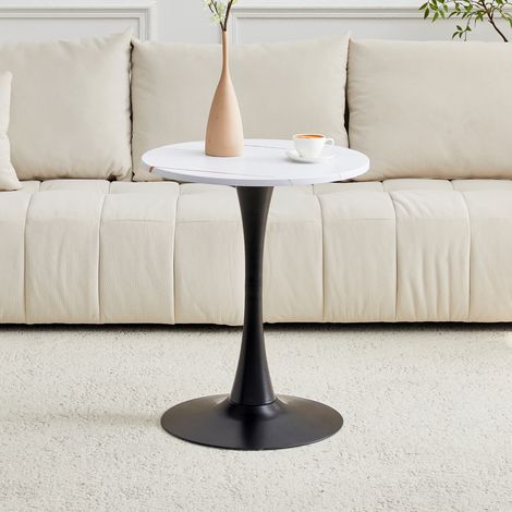 Table d’appoint ronde 60cm MDF grain blanc thermoformé,base noire élégante adaptée pour salon et espace de vie moderne.