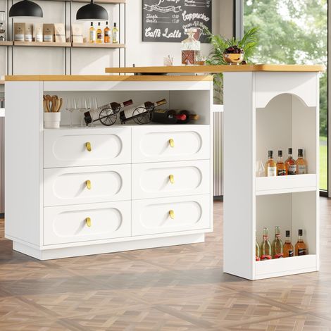 Table de bar extensible haute qualité pivotante 360° longueur 138 à 203 cm,table à barres roulantes tiroirs cuisine salon bureau blanche.