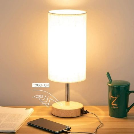 Lampe de chevet en bois avec port USB, commande tactile, idéale chambre à coucher, table moderne, lumineuse, 1 pièce, design élégant, fonctionnel. (1/3)