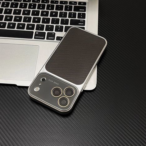 Étui de protection d'objectif en cuir tissé pour iPhone 15 gris, avec cadre en TPU souple antichoc. (1/5)