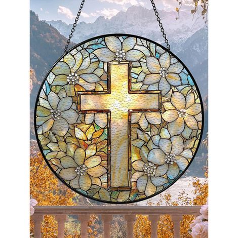 15 cm großer Kreuz-Sonnenfänger aus Buntglas, christliche Geschenkidee, religiöse Glaskunst (1/5)