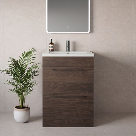 Napoli 460 Brown Oak 600mm 2 Drawer Vanity Unit with Glide Basin - 600mm - Gunmetal Grey 320mm Handle