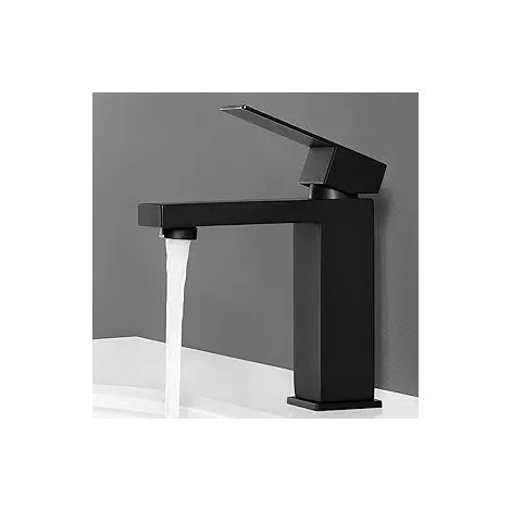 Robinet lavabo salle de bain eau chaude froide, noir mat acier inoxydable, carré, trou unique (1/3)