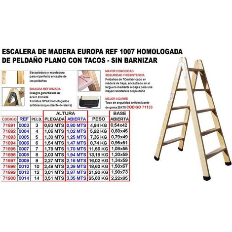 escalera madera 1007 homologad.peld.plano   9 p 2,16m+tacos 7934
