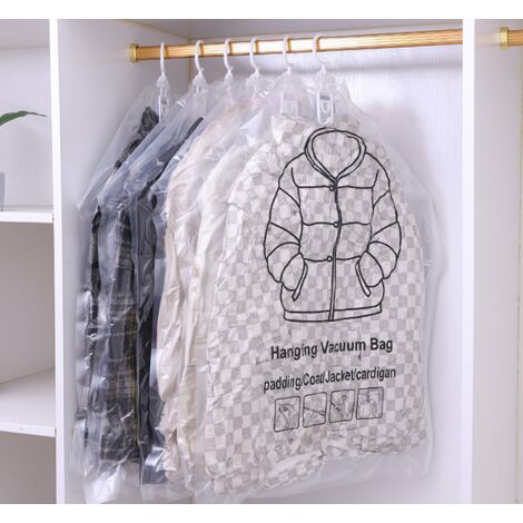 Sollbry Lot de 4 sacs sous vide à suspendre, sac de compression sous vide suspendu, sacs de rangement transparents pour vêtements, manteaux, vestes (90 x 67 cm) (1/5)
