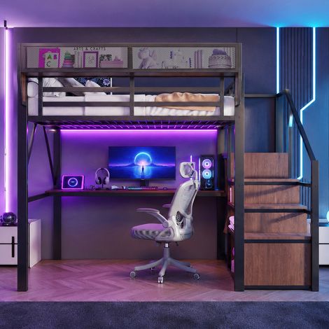 Cama alta 140 x 200 cm con escritorio, LED, escalera de seguridad, negro OKMYHOME (1/5)