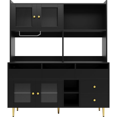 CAIziBuffet haut 145x39x171 cm noir doré, portes vitrées, rangement vin (1/5)