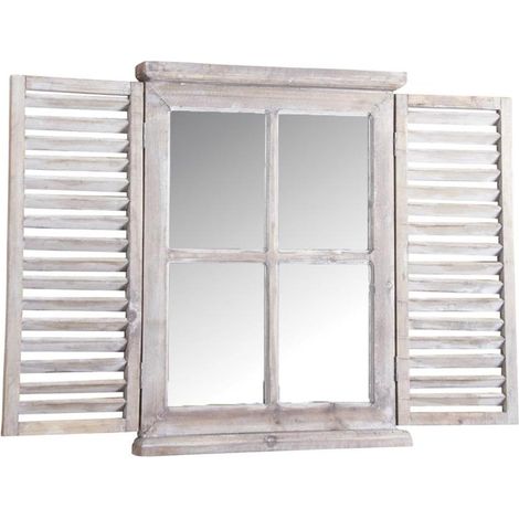 Fenêtre Miroir Bois Teinté - Finition Blanchie Vieillie - Volets Mobiles Blanc - 76 x 6 x 57.5 cm - Verre Haute Qualité - Élément Décoratif Intérieur Maison (1/5)