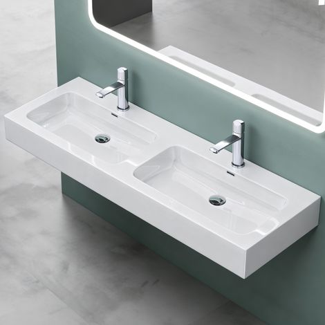 Mai & Mai Double Lavabo Suspendu Blanc 141cm Vasque à Poser Pour 2 Évier Lave Mains Salle de Bain avec Trop-Plein Col830 (1/5)