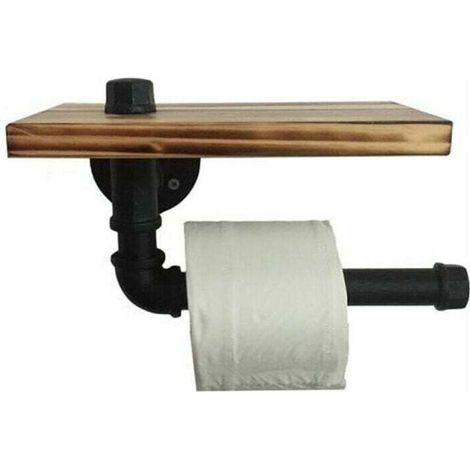 Retro-style metal tube toilet roll holder with shelf and black wooden tray (1/3)