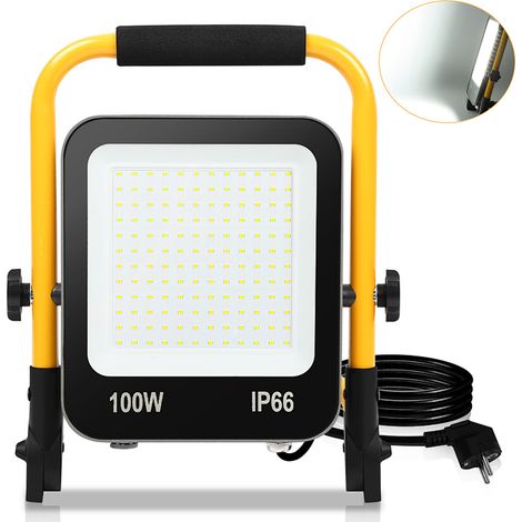 Jiubiaz LED-Baustrahler, IP66 Außenstrahler, 120° Abstrahlwinkel, 100W LED Fluter mit Stativ, 6000K Kaltweiß Arbeitslampe