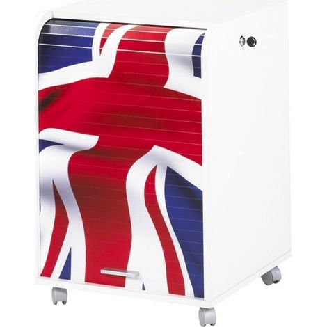 Caisson à rideau sur roulettes 2 tiroirs blanc imprimé drapeau Anglais Orga 70cm (1/5)