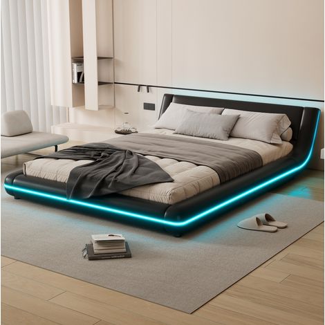 Bett Bodenbett modern 140x200 cm aus PU und MDF in Schwarz mit LED-Ambientebeleuchtung und Lattenrost (1/5)