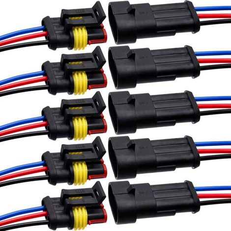 Conector eléctrico de 3 pines, 5 terminales macho + 5 terminales hembra, cable de 16 AWG - 10 cm. Apto para automóviles y camiones. (1/5)