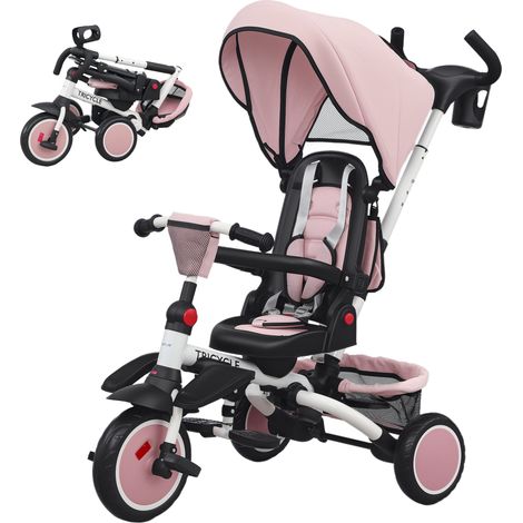 Tricycle enfant 6 en 1 poussette avec poignée poussée siège réglable pliable filet sécurité