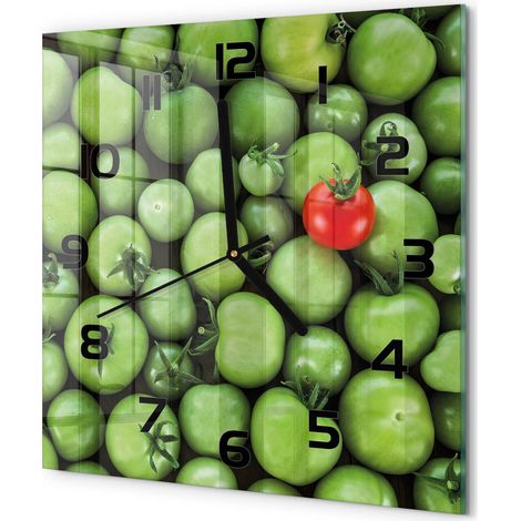 Horloge Murale Carrée Décoration Cuisine en Verre Trempé Silencieuse Moderne Tomate mûre 30x30 cm (1/5)