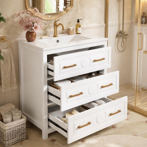 Meuble lavabo blanc laqué 76,5x47x82 cm avec vasque céramique monobloc, 3 tiroirs à ouverture silencieuse, lavabo sur pied (1/5)