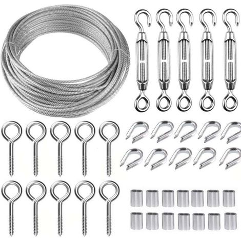 Kits de Câble en Acier Inox, 20m Câble Acier Galvanisé, Kit de Câble Métallique avce Tendeur Oeil-crochet M5, Attaches pour Câbles Métalliques, Manchons de Sertissage, Pitons Fermé, Cosse Coeur (1/4)