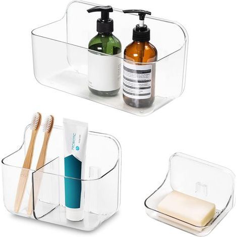 Set di 3 portaoggetti per doccia, porta spazzolino, porta sapone, accessori per la doccia, montaggio a parete, senza foratura, autoadesivi per bagno e cucina. (1/5)