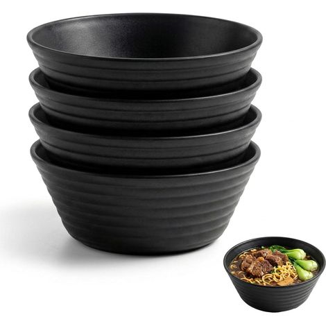 Lot de 4 bols incassables - 20 cm - Noir - 1200 ml - Grands bols en plastique - Saladier, soupe et céréales - Sans BPA - Passe au micro-ondes et au lave-vaisselle - Robuste pour enfants et adultes (1/5)