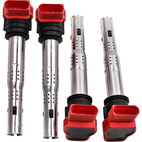 4Pcs Red Coil Packs Set Ignition Coil Rail Ignition Spark Pack for Audi R8 2.0TFSI/2.0TSI A3/GOLF 5/LEON VW Golf MK5 GTi /R32 VW Touareg 06E905115E 06E905115F