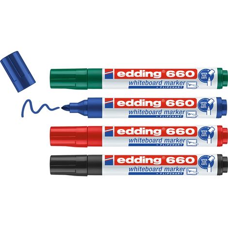 Edding Pennarello per lavagna bianca, 660, multicolore, 4 pennarelli per lavagna bianca, punta rotonda da 1,5 a 3 mm, cancellabile a secco, per lavagne bianche, lavagne a fogli mobili, magnetiche, (1/5)