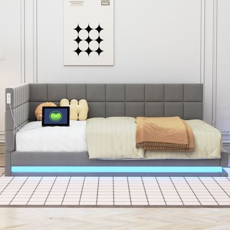 Lit Banquette 140x200cm - Canapé Lit Double Rembourré en Lin avec Ruban LED Multicolore et Prise USB - Gris (1/5)