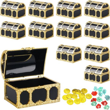 12-teilige Mini-Piratenschatzkiste: Kleine Schatzkiste aus Kunststoff mit 12 Goldmünzen und 12 Edelsteinen, Piratentruhe für Piratenpartys und zur Aufbewahrung, 7,5