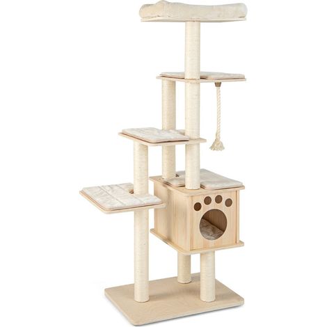 Arbre à chat en bois 70 x 50 x 170 cm stable confortable plusieurs plates-formes élégant en bois massif beige
