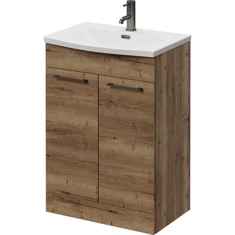 Napoli 390 Tobacco Oak 600mm 2 Door Vanity Unit with Arc Basin - 600mm - Gunmetal Grey 160mm Handle