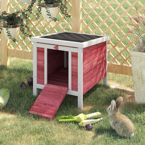 Clapier à lapin cage à lapin avec rampes/porte, toit ouvrant et étanche - en bois de sapin 51 x 42 x 43 cm rouge blanc